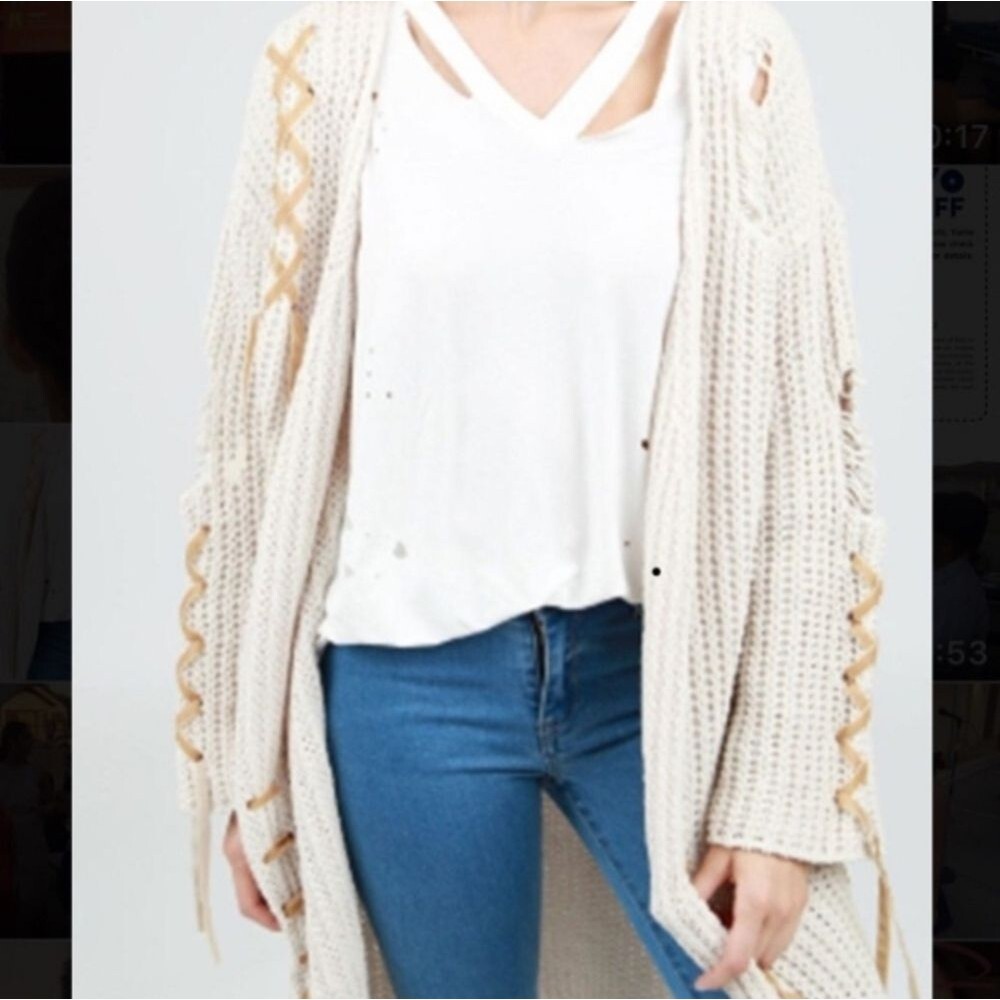 POL Oversized Distressed Grunge Boho Open Knit Cream Cardigan MEDIUM